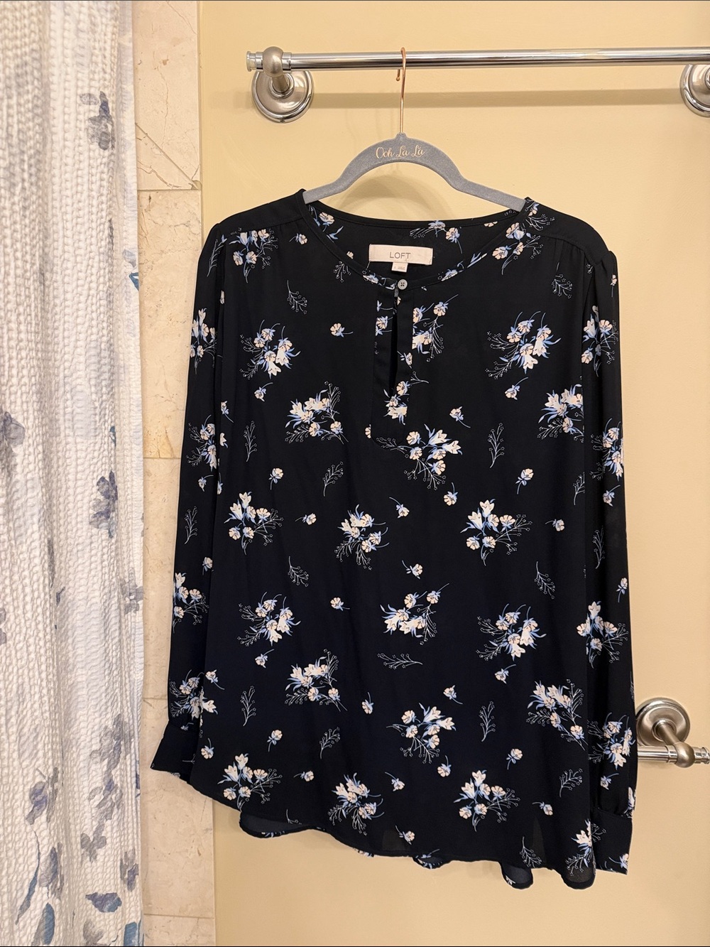 LOFT Black Floral Henley Blouse with White and Light Blue Blooms